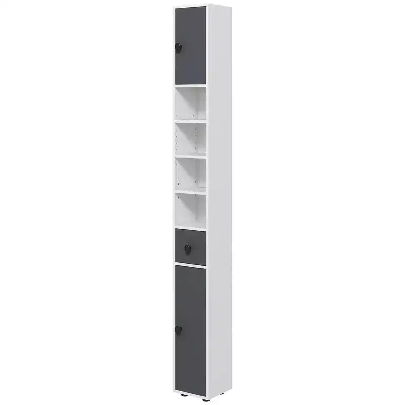 Mobiletto bagno a terra grigio/bianco con ante, cassetto e 8 ripiani