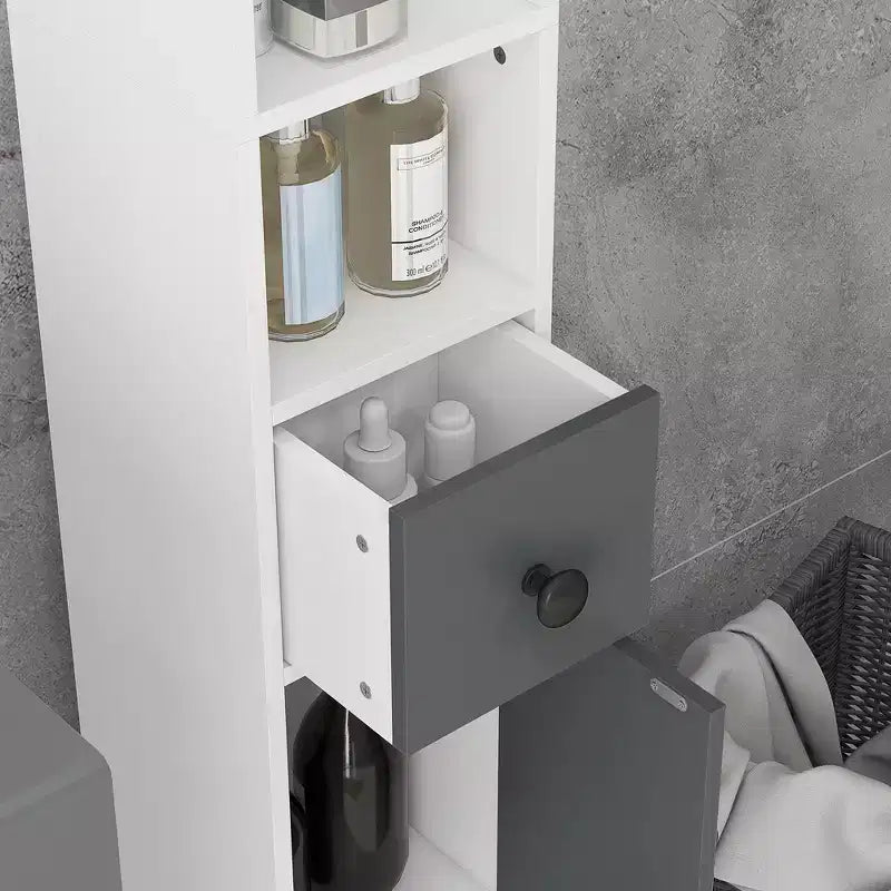 Mobiletto bagno a terra grigio/bianco con ante, cassetto e 8 ripiani