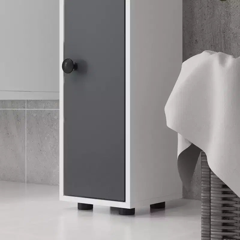 Mobiletto bagno a terra grigio/bianco con ante, cassetto e 8 ripiani