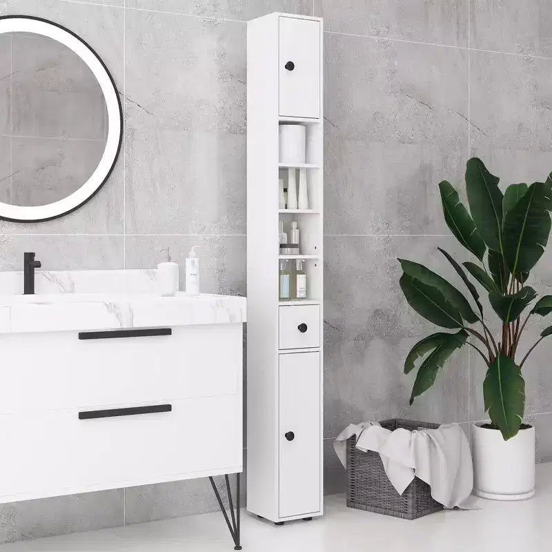Mobiletto bagno a terra grigio/bianco con ante, cassetto e 8 ripiani