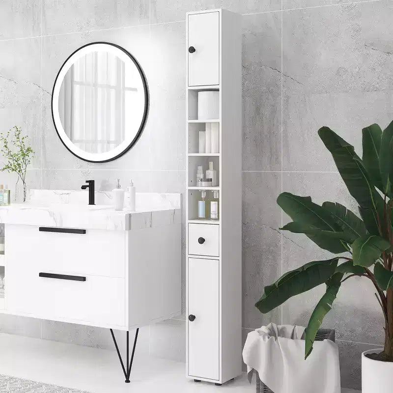 Mobiletto bagno a terra grigio/bianco con ante, cassetto e 8 ripiani