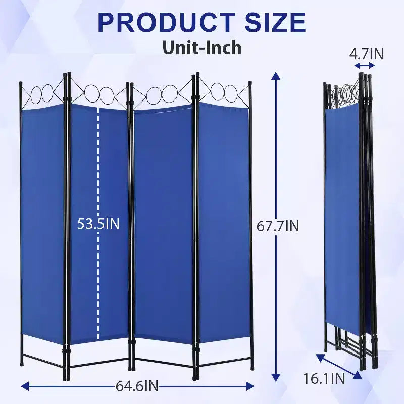 Divisorio pieghevole a 4 pannelli da 1,7 m, beige/nero/blu/grigio/marrone chiaro, tessuto e struttura in metallo, per uso individuale