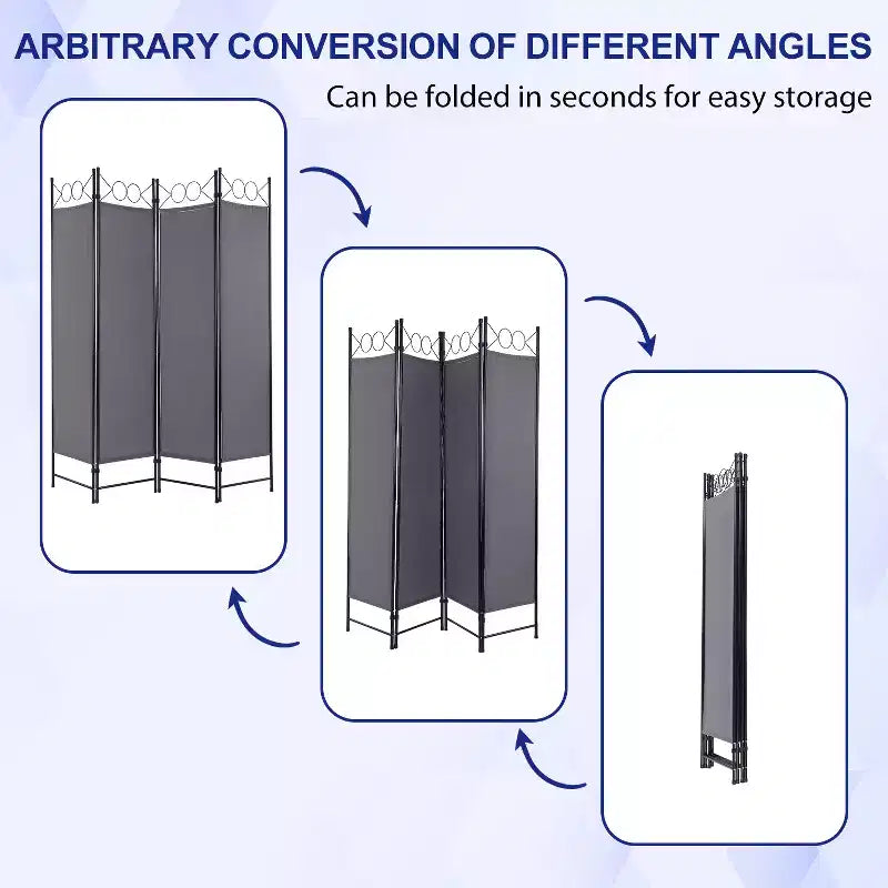 Divisorio pieghevole a 4 pannelli da 1,7 m, beige/nero/blu/grigio/marrone chiaro, tessuto e struttura in metallo, per uso individuale