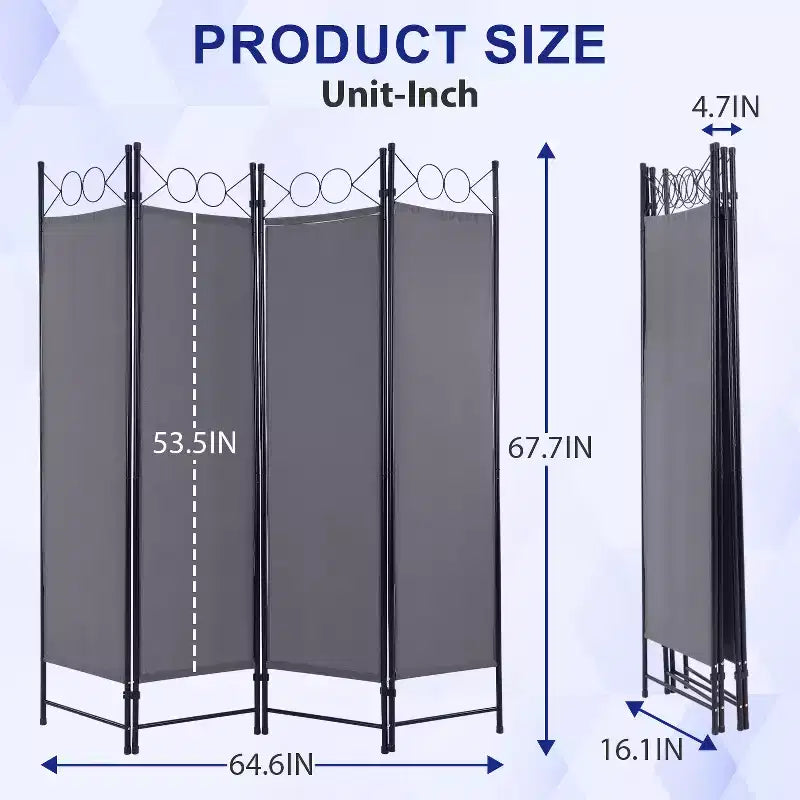Divisorio pieghevole a 4 pannelli da 1,7 m, beige/nero/blu/grigio/marrone chiaro, tessuto e struttura in metallo, per uso individuale