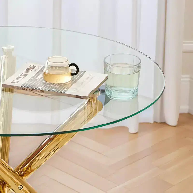 Tavolo da pranzo con piano in vetro e gambe a croce in metallo, oro/grigio, 1 persona