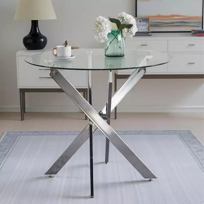 Tavolo da pranzo con piano in vetro e gambe a croce in metallo, oro/grigio, 1 persona