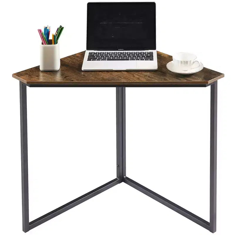 VECELO Corner Computer Desk, Corner Table with Steel Frame for Small Space, Triangle Shape, Brown
