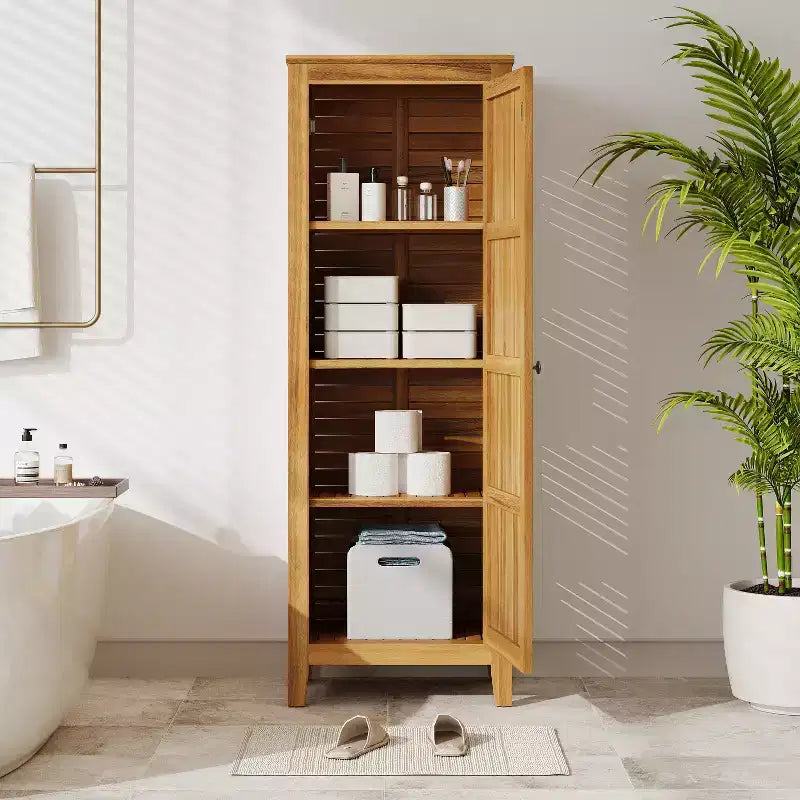 Mobile Contenitore in Legno di Teak Acacia con 3 Ripiani, 1 Anta
