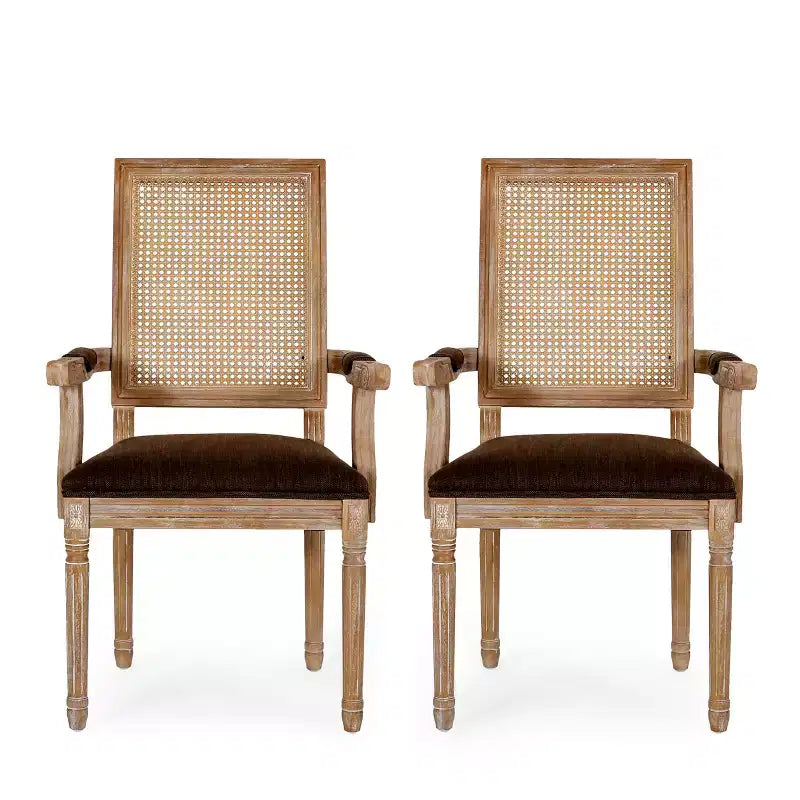 Sedie da pranzo con braccioli in canna imbottite beige/marrone, set da 2