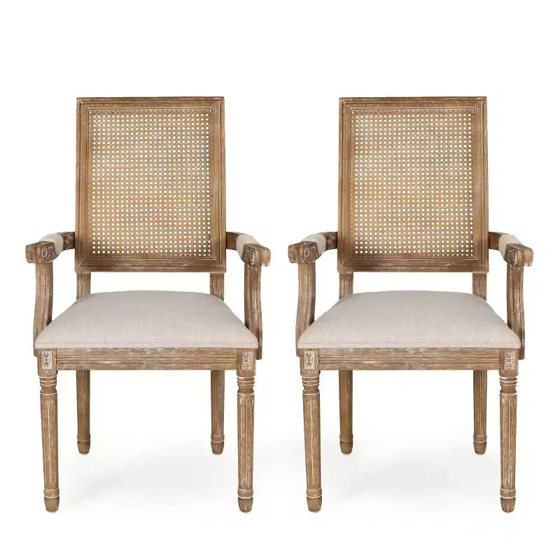 Sedie da pranzo con braccioli in canna imbottite beige/marrone, set da 2