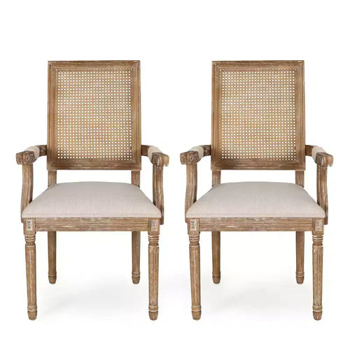 Sedie da pranzo con braccioli in canna imbottite beige/marrone, set da 2