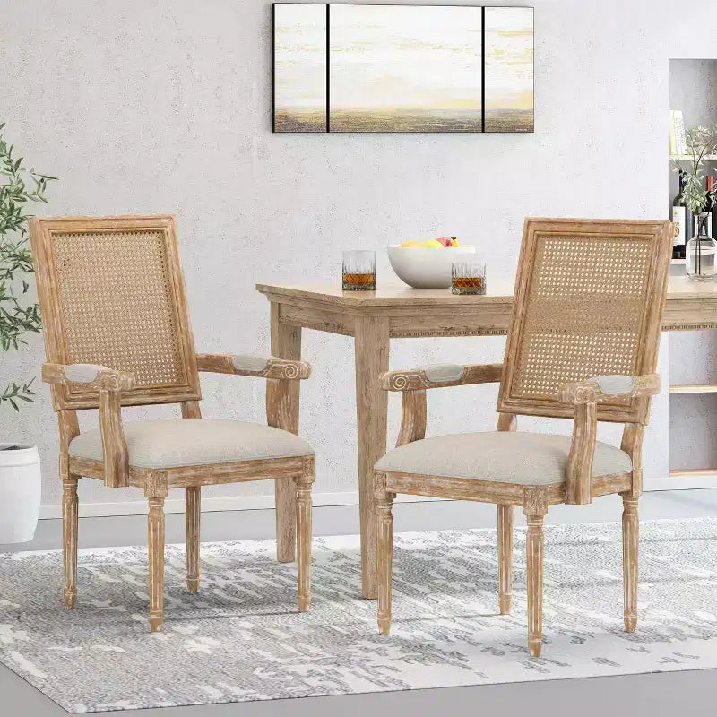GDFStudio Zentner French Country Wood and Cane Upholstered Dining Chairs (Set of 2)
