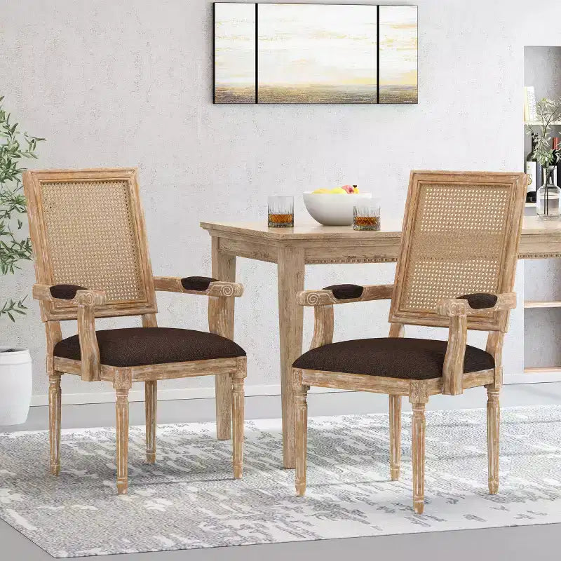 Sedie da pranzo con braccioli in canna imbottite beige/marrone, set da 2