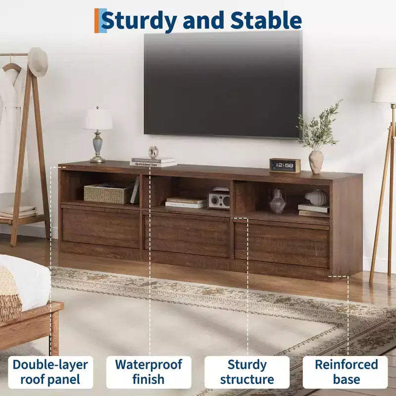 Mobile porta TV moderno stile Mid-Century da 70" (178 cm), nero/marrone/bianco, con 3 cassetti e ripiani aperti, adatto per TV fino a 85" (216 cm), 1 unità