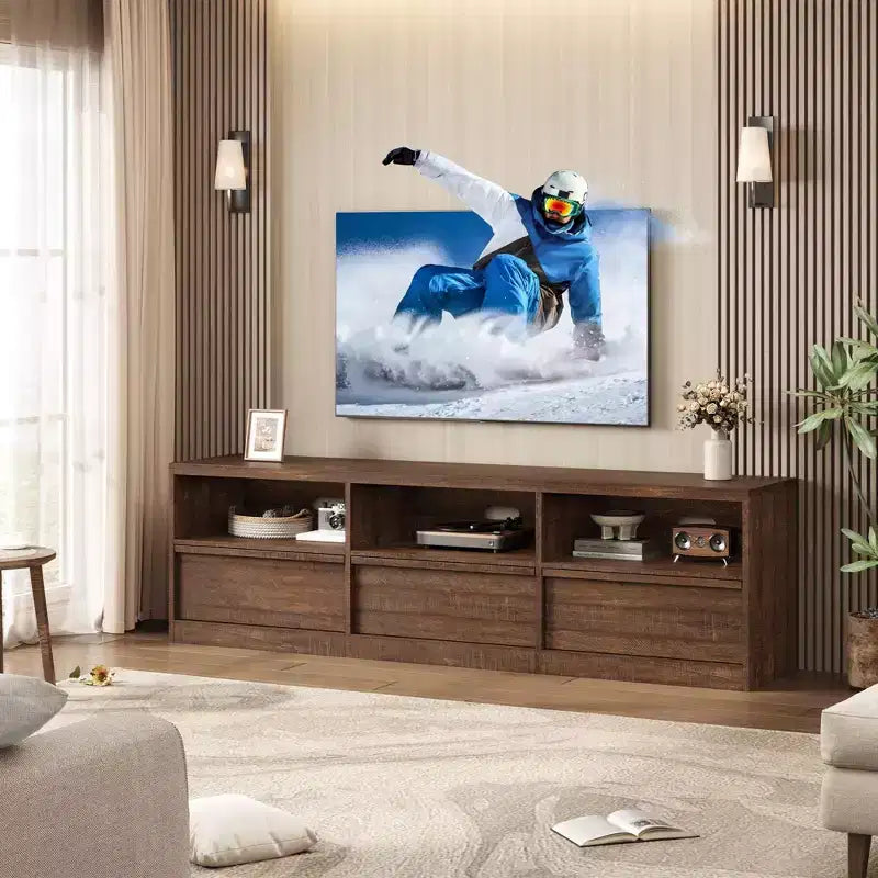 Mobile porta TV moderno stile Mid-Century da 70" (178 cm), nero/marrone/bianco, con 3 cassetti e ripiani aperti, adatto per TV fino a 85" (216 cm), 1 unità