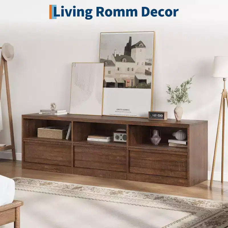 Mobile porta TV moderno stile Mid-Century da 70" (178 cm), nero/marrone/bianco, con 3 cassetti e ripiani aperti, adatto per TV fino a 85" (216 cm), 1 unità