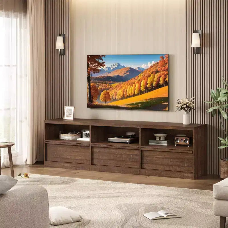 Mobile porta TV moderno stile Mid-Century da 70" (178 cm), nero/marrone/bianco, con 3 cassetti e ripiani aperti, adatto per TV fino a 85" (216 cm), 1 unità