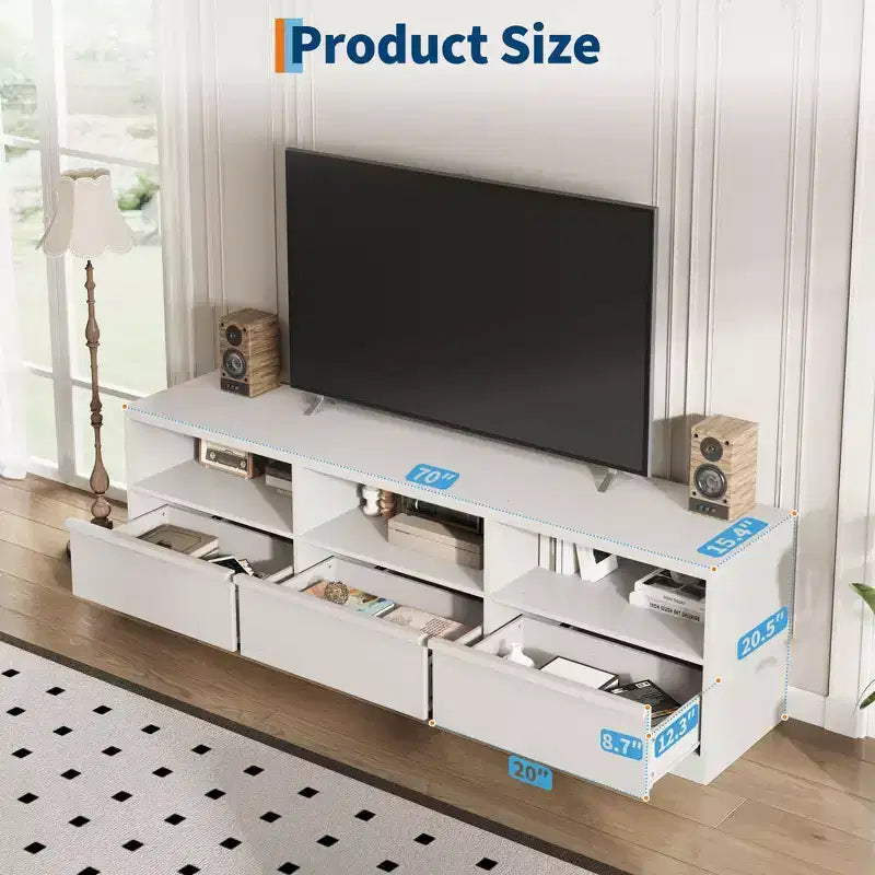 Mobile porta TV moderno stile Mid-Century da 70" (178 cm), nero/marrone/bianco, con 3 cassetti e ripiani aperti, adatto per TV fino a 85" (216 cm), 1 unità