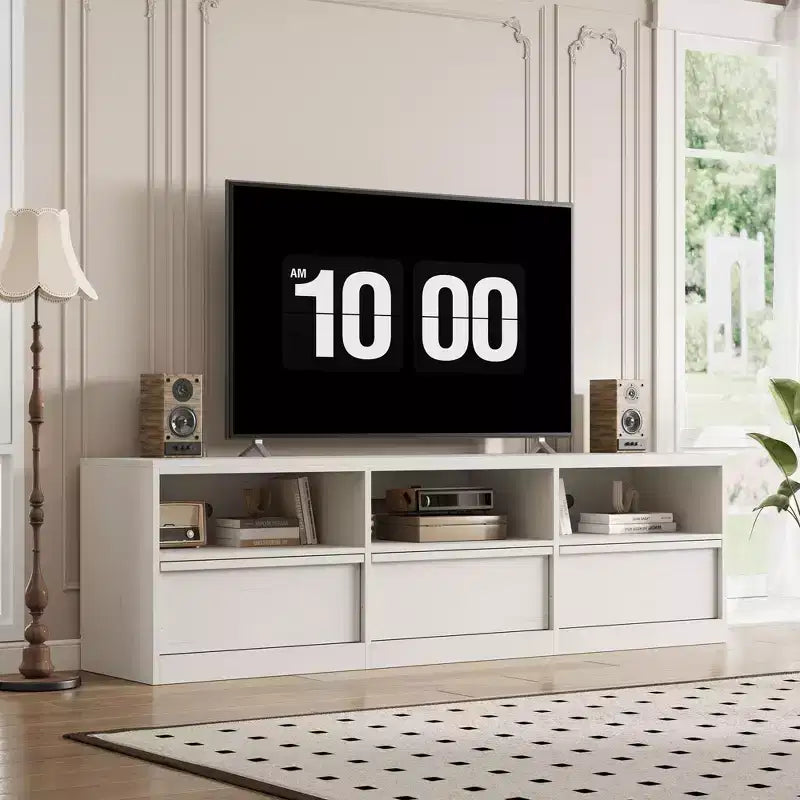 Mobile porta TV moderno stile Mid-Century da 70" (178 cm), nero/marrone/bianco, con 3 cassetti e ripiani aperti, adatto per TV fino a 85" (216 cm), 1 unità