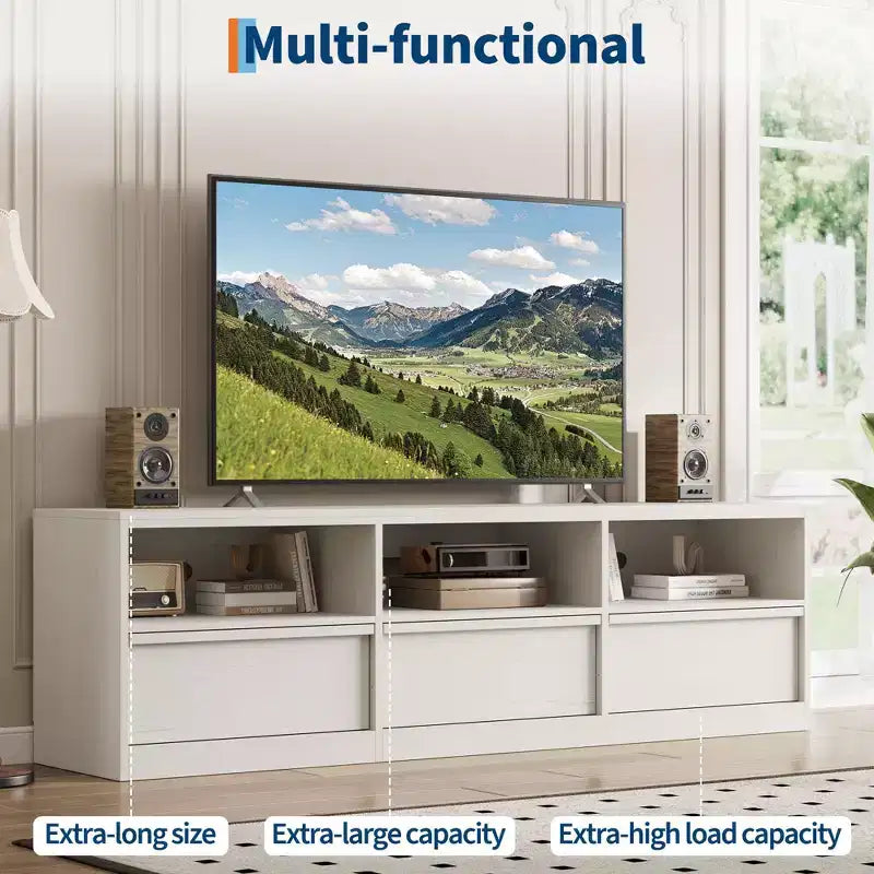 Mobile porta TV moderno stile Mid-Century da 70" (178 cm), nero/marrone/bianco, con 3 cassetti e ripiani aperti, adatto per TV fino a 85" (216 cm), 1 unità