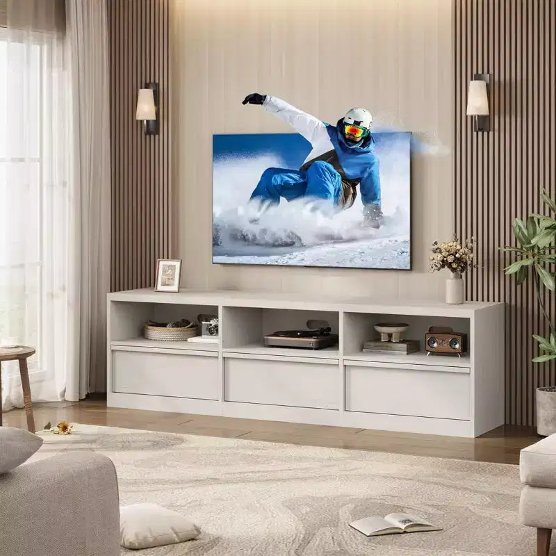 Mobile porta TV moderno stile Mid-Century da 70" (178 cm), nero/marrone/bianco, con 3 cassetti e ripiani aperti, adatto per TV fino a 85" (216 cm), 1 unità