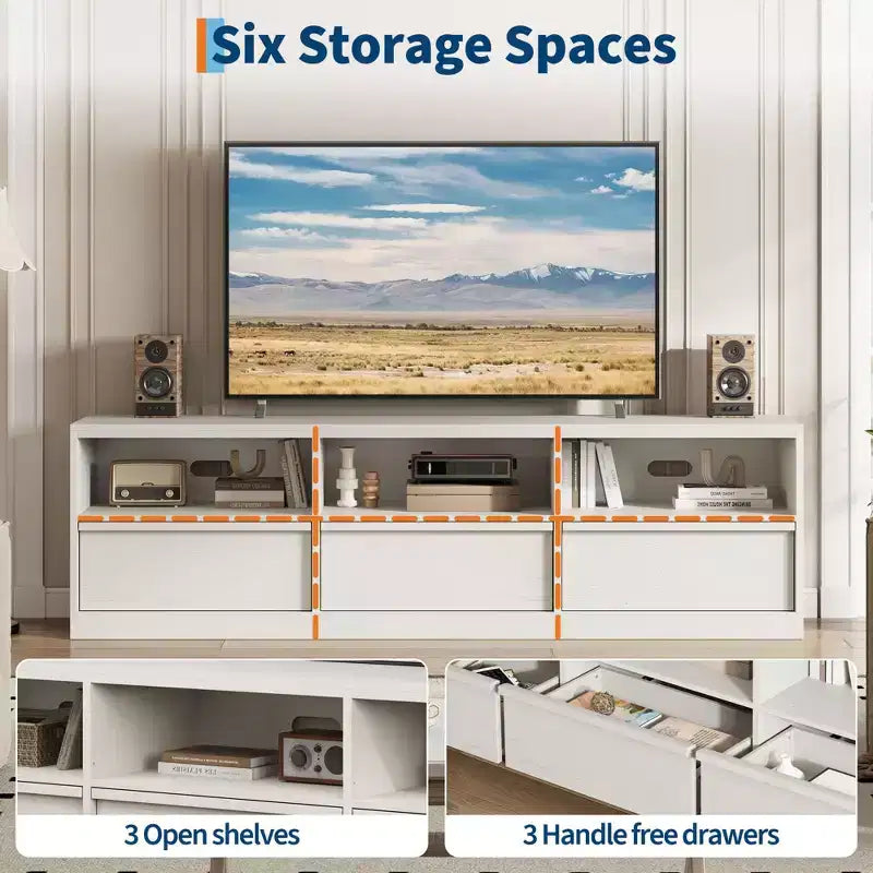 Mobile porta TV moderno stile Mid-Century da 70" (178 cm), nero/marrone/bianco, con 3 cassetti e ripiani aperti, adatto per TV fino a 85" (216 cm), 1 unità
