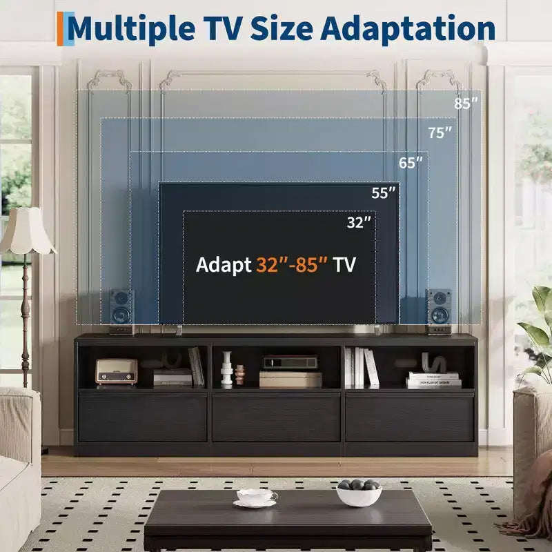 Mobile porta TV moderno stile Mid-Century da 70" (178 cm), nero/marrone/bianco, con 3 cassetti e ripiani aperti, adatto per TV fino a 85" (216 cm), 1 unità
