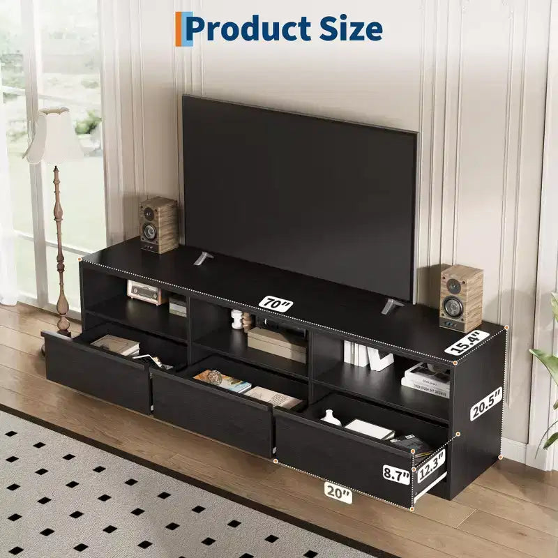 Mobile porta TV moderno stile Mid-Century da 70" (178 cm), nero/marrone/bianco, con 3 cassetti e ripiani aperti, adatto per TV fino a 85" (216 cm), 1 unità