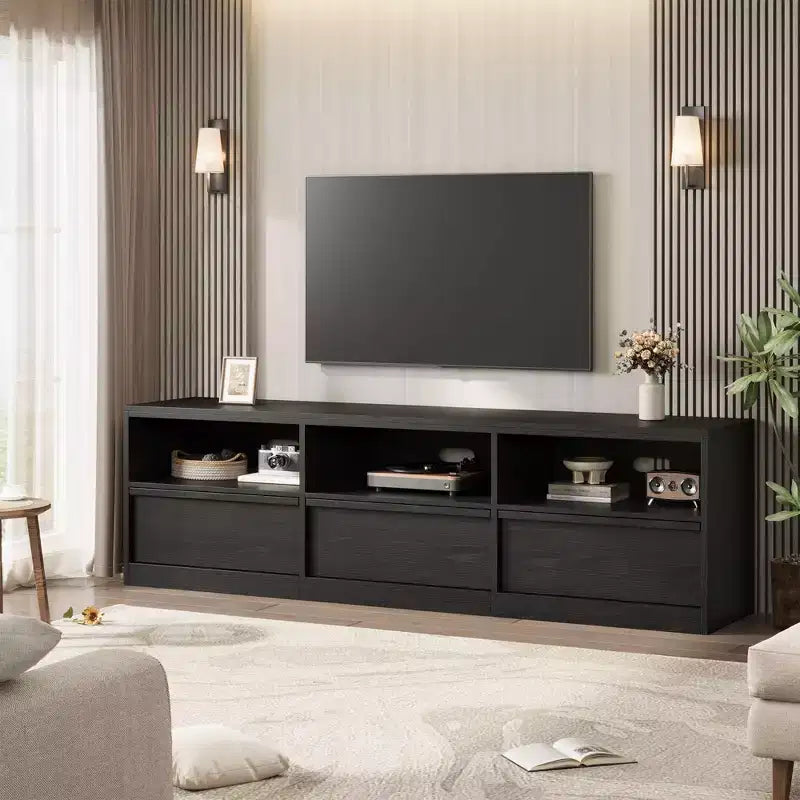 Mobile porta TV moderno stile Mid-Century da 70" (178 cm), nero/marrone/bianco, con 3 cassetti e ripiani aperti, adatto per TV fino a 85" (216 cm), 1 unità