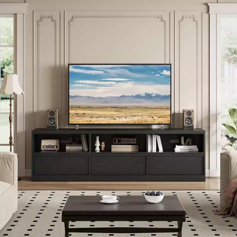 Mobile porta TV moderno stile Mid-Century da 70" (178 cm), nero/marrone/bianco, con 3 cassetti e ripiani aperti, adatto per TV fino a 85" (216 cm), 1 unità