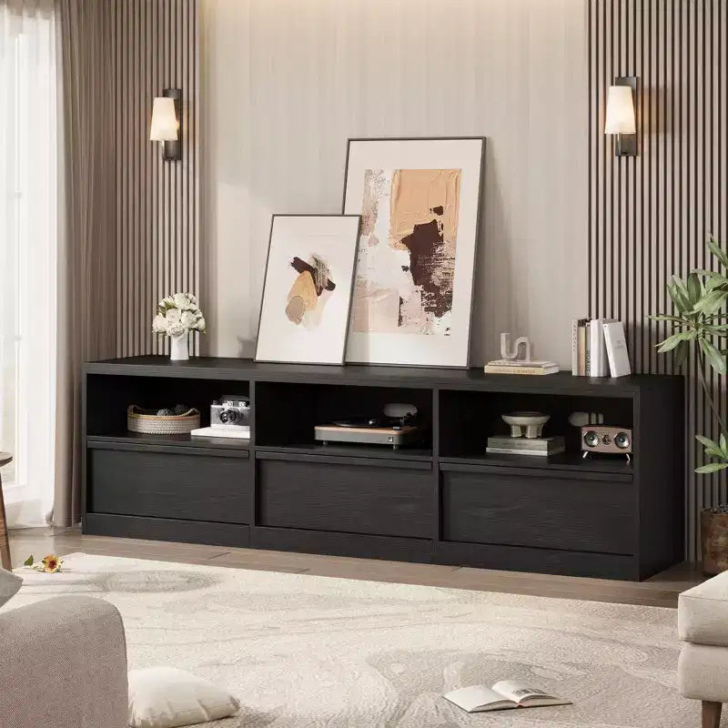 Mobile porta TV moderno stile Mid-Century da 70" (178 cm), nero/marrone/bianco, con 3 cassetti e ripiani aperti, adatto per TV fino a 85" (216 cm), 1 unità