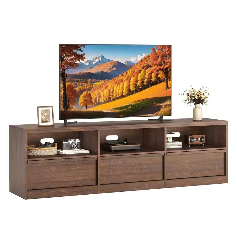 Mobile porta TV moderno stile Mid-Century da 70" (178 cm), nero/marrone/bianco, con 3 cassetti e ripiani aperti, adatto per TV fino a 85" (216 cm), 1 unità