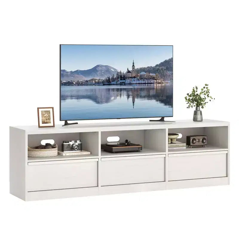 Mobile porta TV moderno stile Mid-Century da 70" (178 cm), nero/marrone/bianco, con 3 cassetti e ripiani aperti, adatto per TV fino a 85" (216 cm), 1 unità