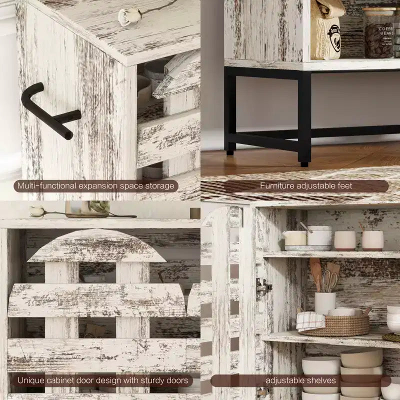 Credenza vintage bianca e nera con ante ad arco intrecciate e cassetti, ripiani regolabili, per 1-2 persone