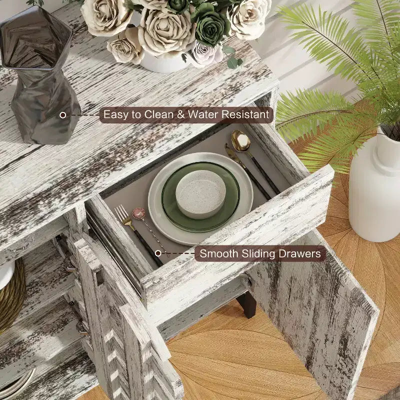 Credenza vintage bianca e nera con ante ad arco intrecciate e cassetti, ripiani regolabili, per 1-2 persone