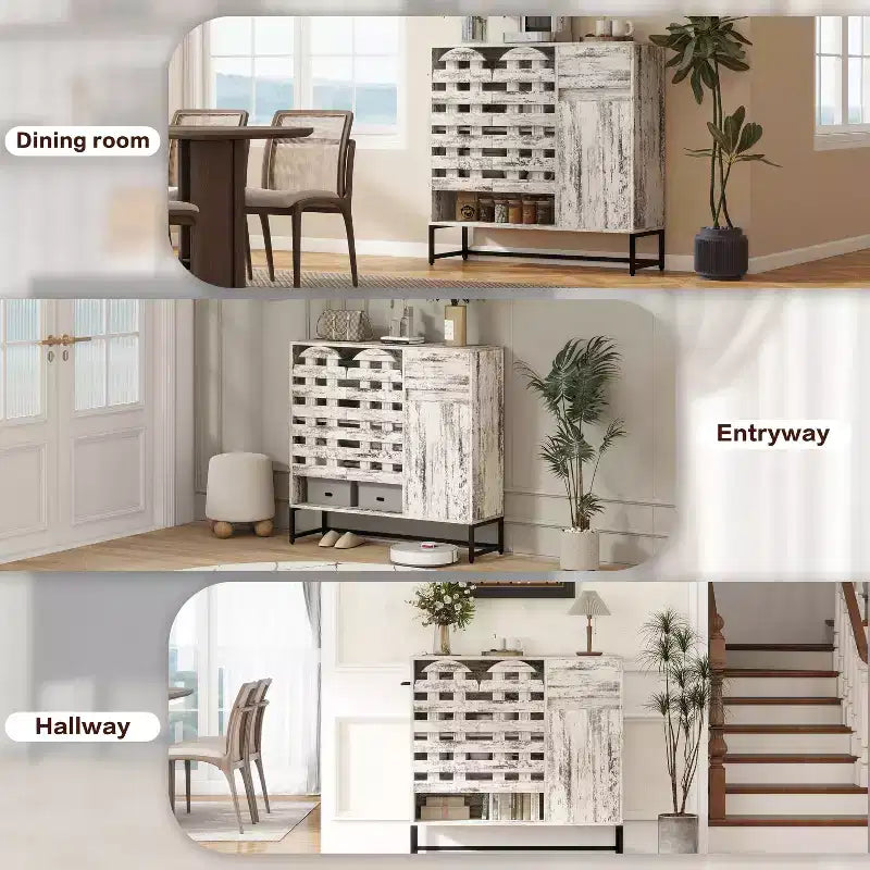 Credenza vintage bianca e nera con ante ad arco intrecciate e cassetti, ripiani regolabili, per 1-2 persone
