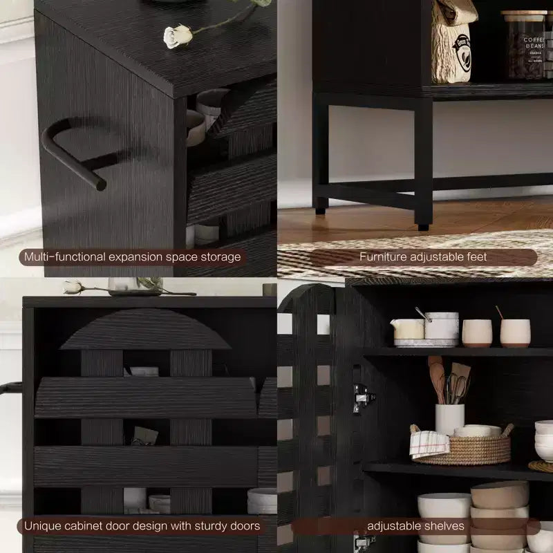 Credenza vintage bianca e nera con ante ad arco intrecciate e cassetti, ripiani regolabili, per 1-2 persone