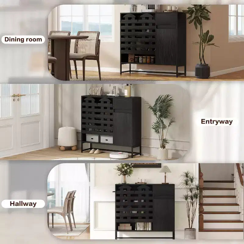 Credenza vintage bianca e nera con ante ad arco intrecciate e cassetti, ripiani regolabili, per 1-2 persone