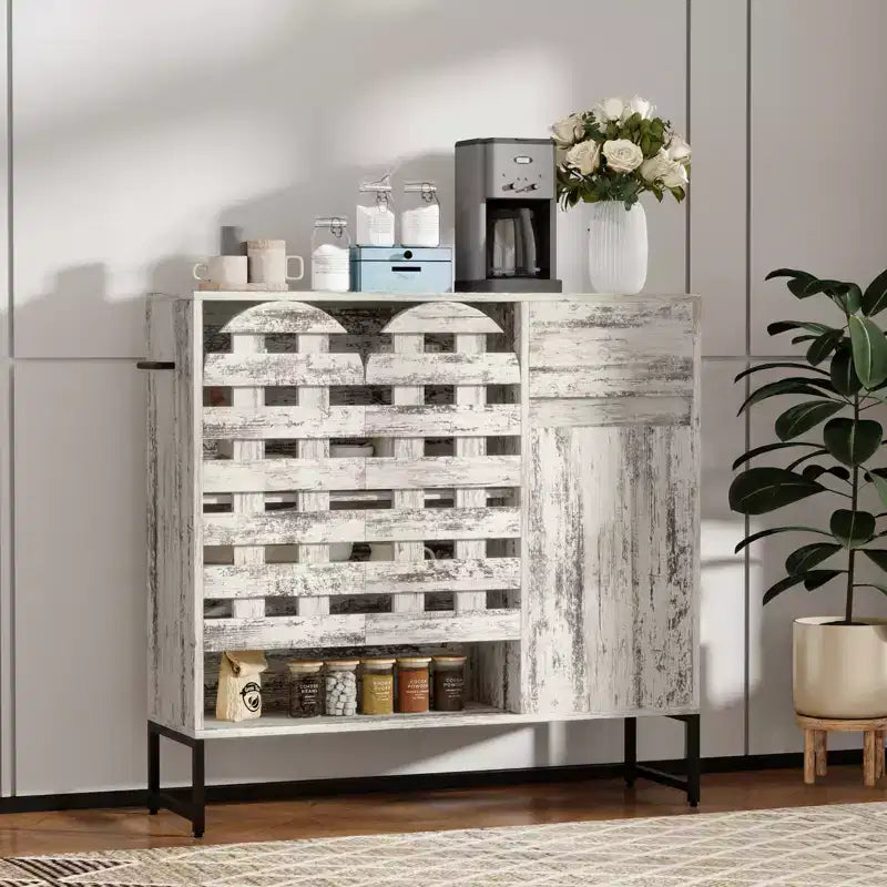 Credenza vintage bianca e nera con ante ad arco intrecciate e cassetti, ripiani regolabili, per 1-2 persone