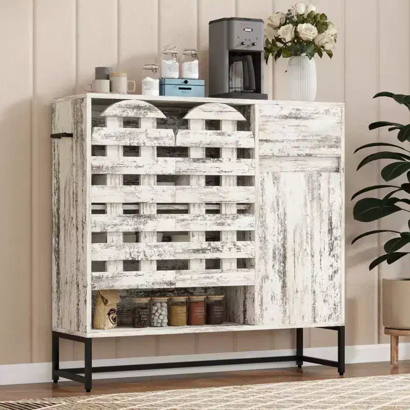 Credenza vintage bianca e nera con ante ad arco intrecciate e cassetti, ripiani regolabili, per 1-2 persone