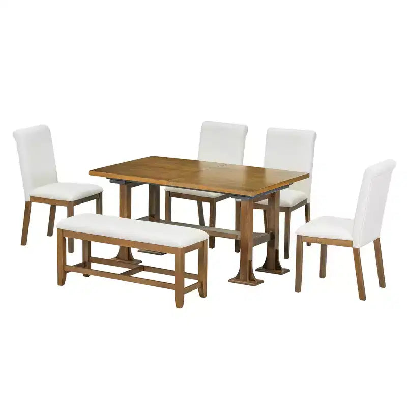 Set Tavolo da Pranzo per 6 Persone Marrone Scuro / Naturale con Panca e 4 Sedie