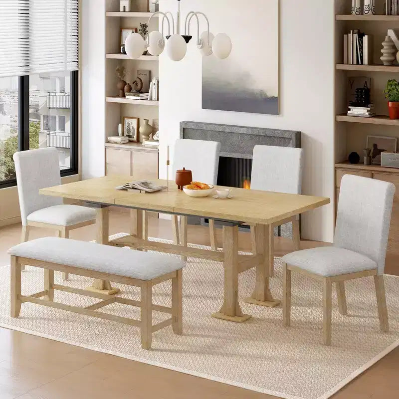 Set Tavolo da Pranzo per 6 Persone Marrone Scuro / Naturale con Panca e 4 Sedie