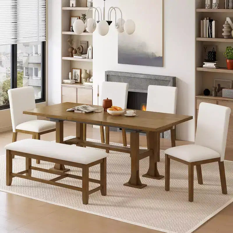 Set Tavolo da Pranzo per 6 Persone Marrone Scuro / Naturale con Panca e 4 Sedie