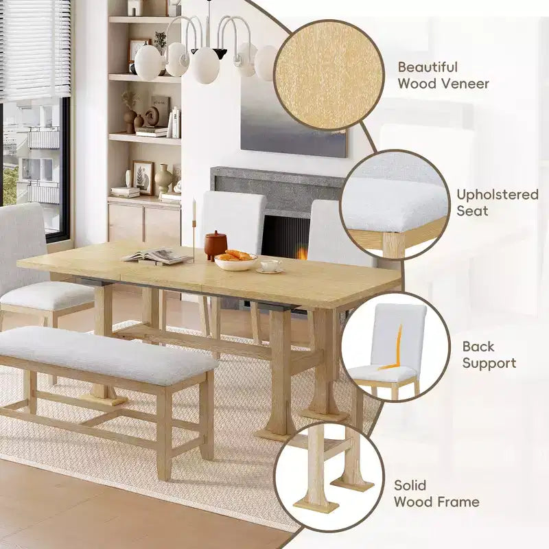 Set Tavolo da Pranzo per 6 Persone Marrone Scuro / Naturale con Panca e 4 Sedie