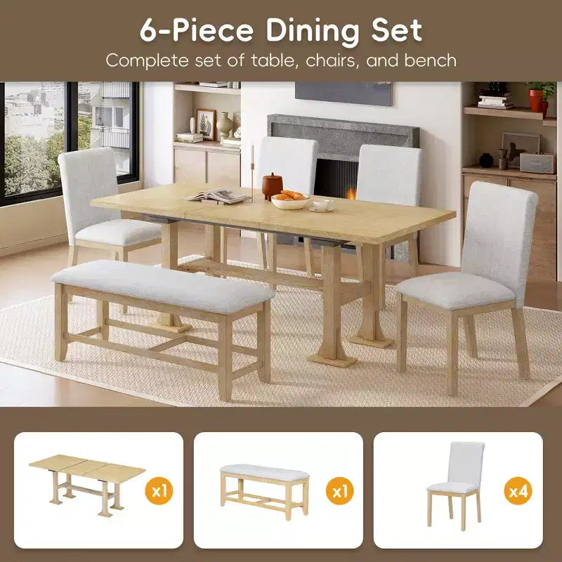 Set Tavolo da Pranzo per 6 Persone Marrone Scuro / Naturale con Panca e 4 Sedie