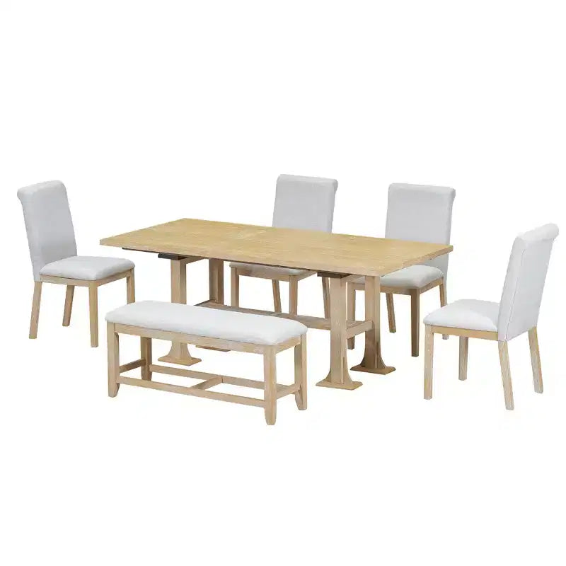 Set Tavolo da Pranzo per 6 Persone Marrone Scuro / Naturale con Panca e 4 Sedie