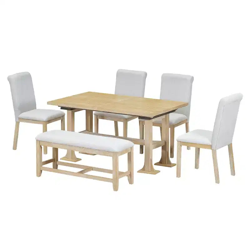 Set Tavolo da Pranzo per 6 Persone Marrone Scuro / Naturale con Panca e 4 Sedie