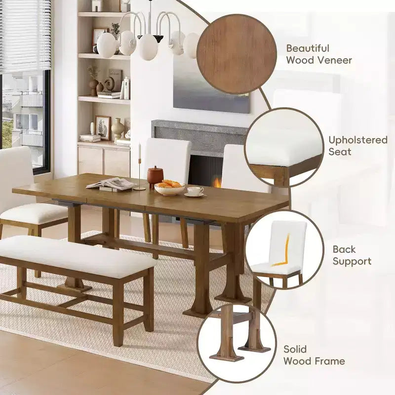 Set Tavolo da Pranzo per 6 Persone Marrone Scuro / Naturale con Panca e 4 Sedie