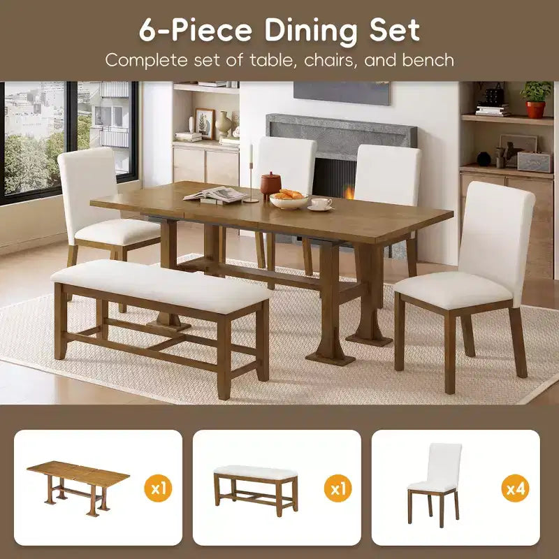 Set Tavolo da Pranzo per 6 Persone Marrone Scuro / Naturale con Panca e 4 Sedie