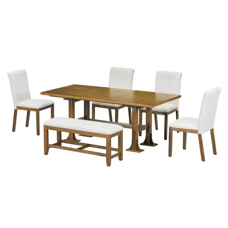 Set Tavolo da Pranzo per 6 Persone Marrone Scuro / Naturale con Panca e 4 Sedie